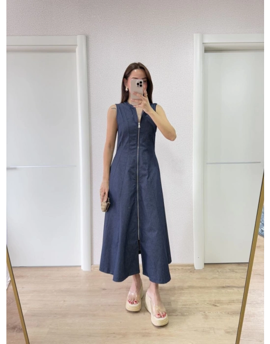 Kadın Jeans Kot Önü Tam Fermuarlı  Uzun Elbise - Mavi