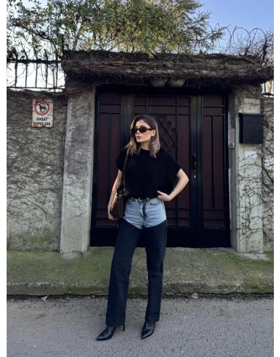 Kadın Jeans Kot Parçalı Palazzo Pantolon - Siyah