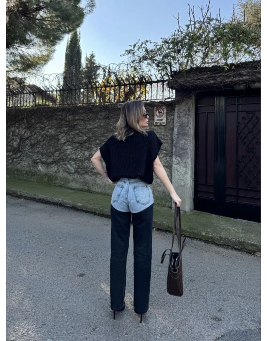 Kadın Jeans Kot Parçalı Palazzo Pantolon - Siyah