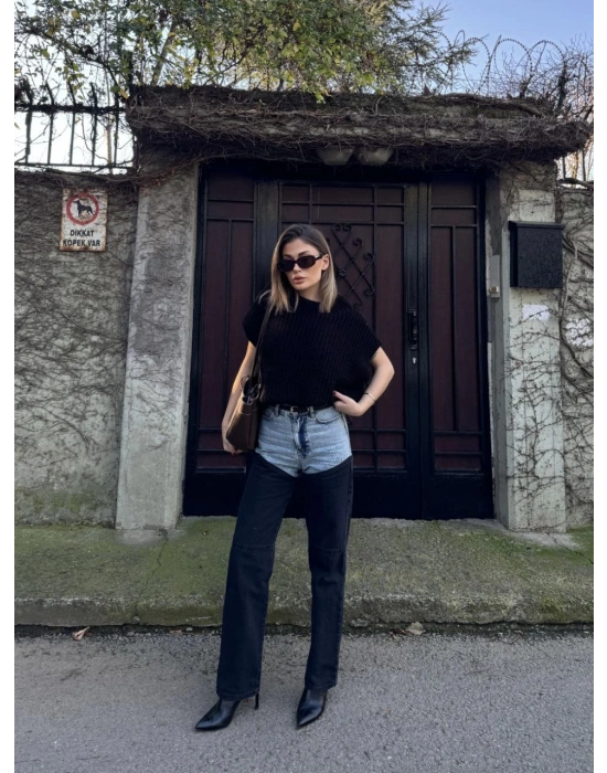 Kadın Jeans Kot Parçalı Palazzo Pantolon - Siyah