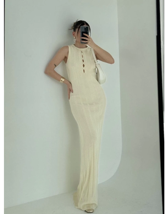 Kadın Kalın Fitilli Uzun Triko Elbise - Kırık Beyaz