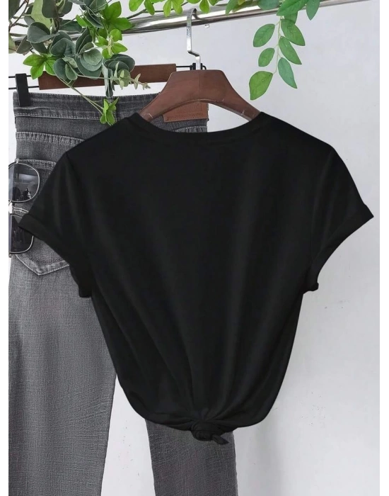 Kadın Kalp Baskılı T-Shirt Kısa Kol Bisiklet Yaka Oversize Tişört - Siyah