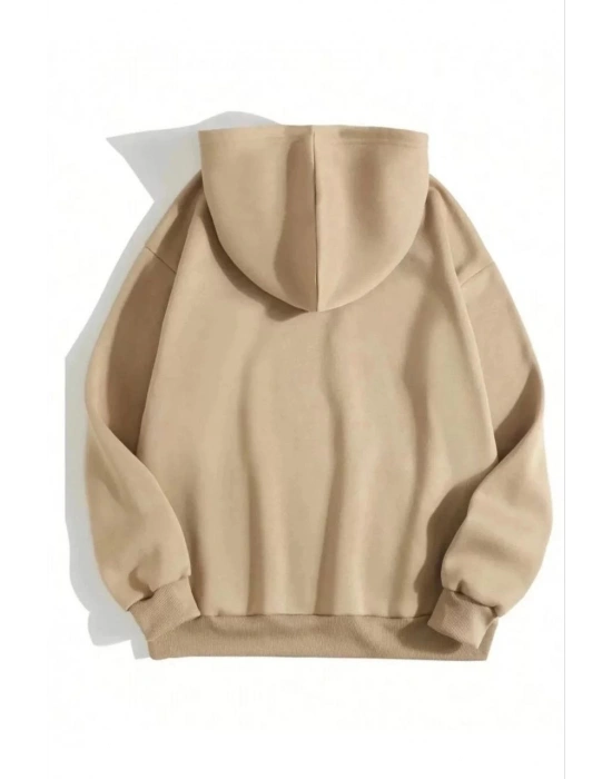 Kadın Kapüşonlu Kanguru Cepli 3 İplik Pamuklu Düz Hoodie Sweatshirt - Bej