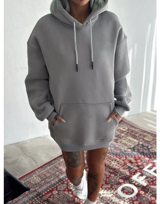 Kadın Kapüşonlu Kanguru Cepli 3 İplik Pamuklu Oversize Hoodie Sweatshirt -  Boyalı Gri