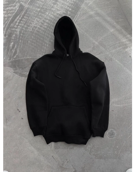 Kadın Kapüşonlu Kanguru Cepli 3 İplik Pamuklu Oversize Hoodie Sweatshirt - Siyah