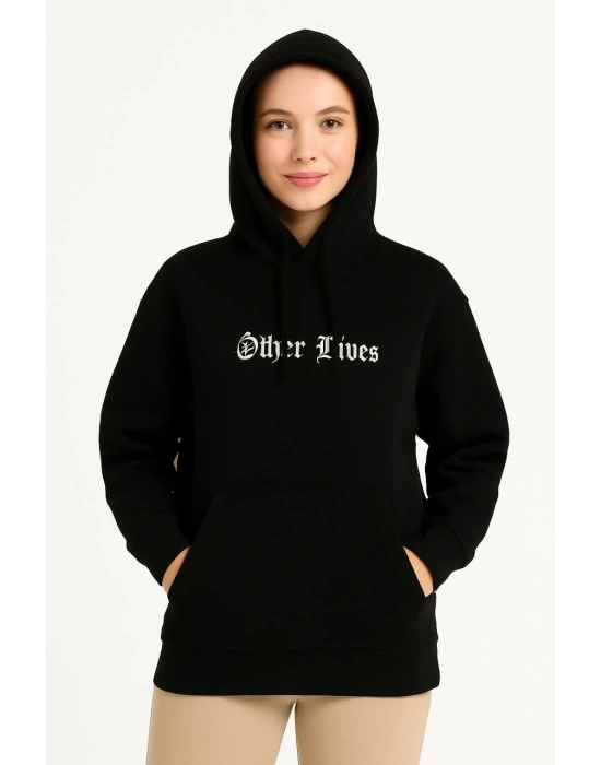 Kadın Kapüşonlu Kanguru Cepli Sweatshirt 3 İplik Pamuklu Baskılı Hoodie - Siyah