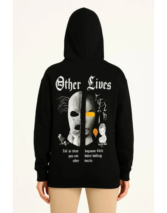 Kadın Kapüşonlu Kanguru Cepli Sweatshirt 3 İplik Pamuklu Baskılı Hoodie - Siyah