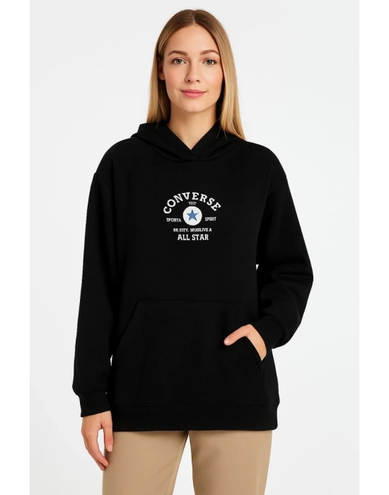 Kadın Kapüşonlu Kanguru Cepli Sweatshirt 3 İplik Pamuklu Baskılı Hoodie - Siyah