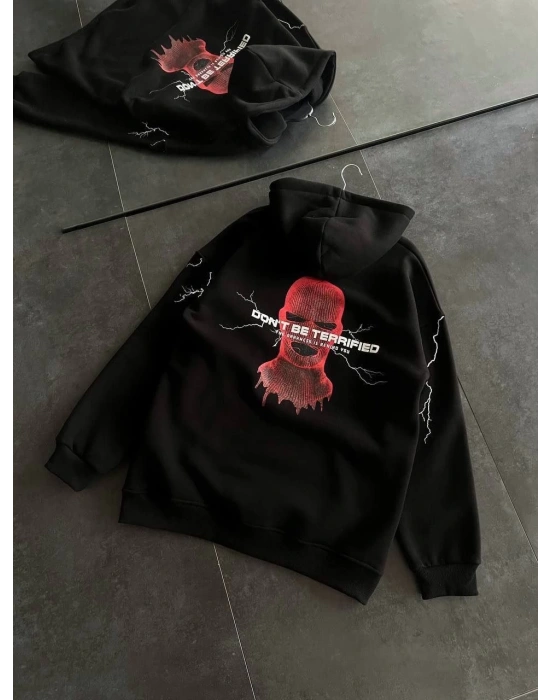 Kadın Kapüşonlu Kanguru Cepli Sweatshirt 3 İplik Pamuklu Baskılı Hoodie - Siyah