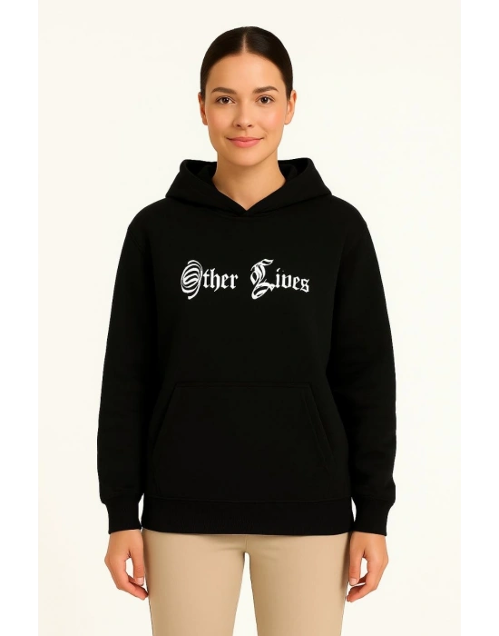 Kadın Kapüşonlu Kanguru Cepli Sweatshirt 3 İplik Pamuklu Baskılı Hoodie - Siyah