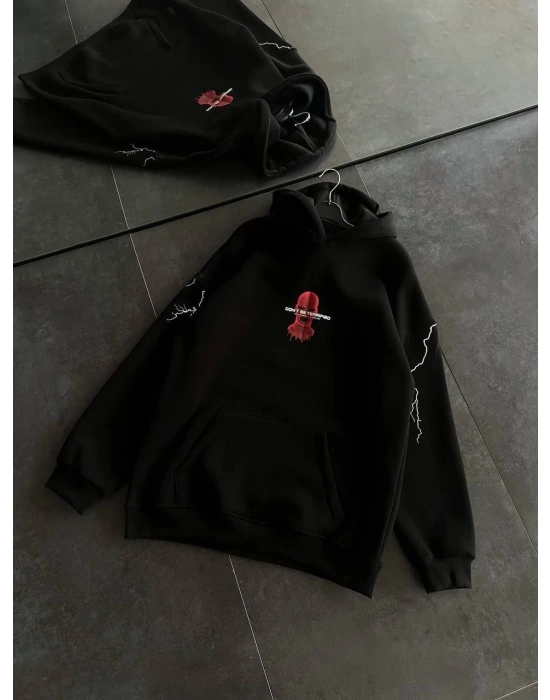 Kadın Kapüşonlu Kanguru Cepli Sweatshirt 3 İplik Pamuklu Baskılı Hoodie - Siyah