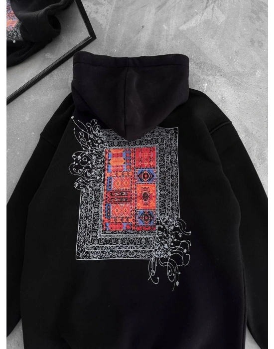 Kadın Kapüşonlu Kanguru Cepli Sweatshirt 3 İplik Pamuklu Baskılı Hoodie - Siyah