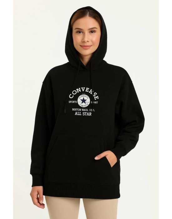 Kadın Kapüşonlu Kanguru Cepli Sweatshirt 3 İplik Pamuklu Baskılı Hoodie - Siyah