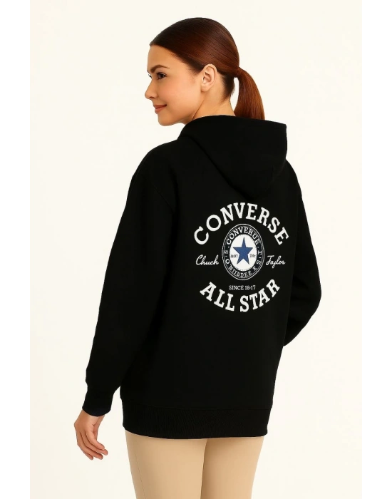 Kadın Kapüşonlu Kanguru Cepli Sweatshirt 3 İplik Pamuklu Baskılı Hoodie - Siyah