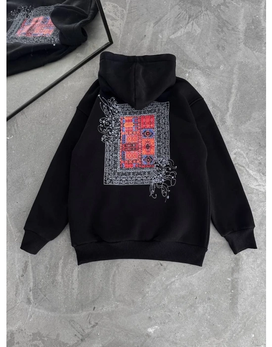 Kadın Kapüşonlu Kanguru Cepli Sweatshirt 3 İplik Pamuklu Baskılı Hoodie - Siyah