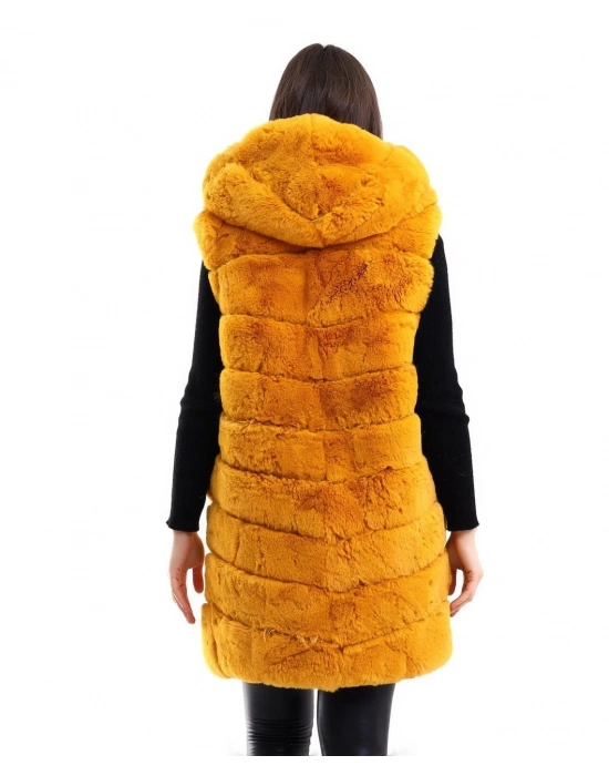Kadın Kapüşonlu Peluş Kürk Yelek Premium Kalite Tam Astarlı Uzun Model - Sarı