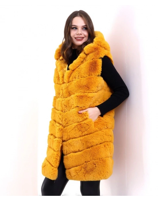 Kadın Kapüşonlu Peluş Kürk Yelek Premium Kalite Tam Astarlı Uzun Model - Sarı