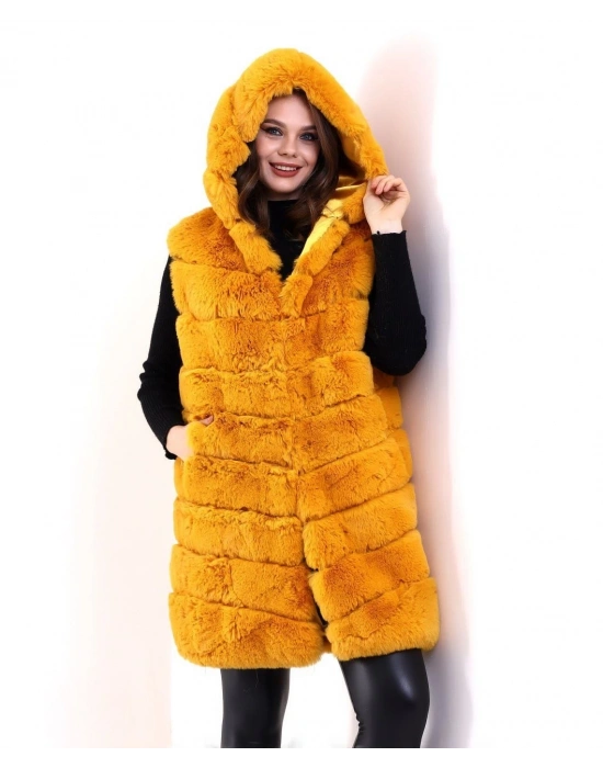 Kadın Kapüşonlu Peluş Kürk Yelek Premium Kalite Tam Astarlı Uzun Model - Sarı