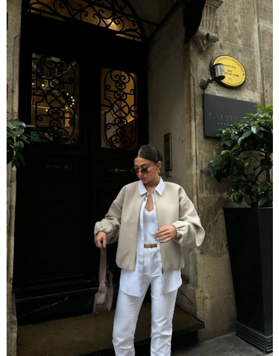 Kadın Kaşe Kaşmir Fermuarlı CEKET - Bej