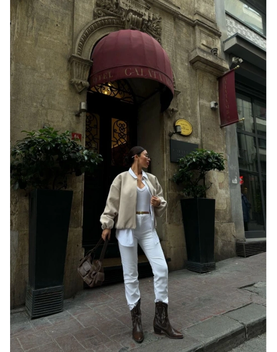 Kadın Kaşe Kaşmir Fermuarlı CEKET - Bej