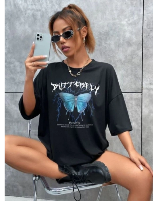 Kadın kelebek Baskılı Oversize kısa kol T-Shirt - Siyah