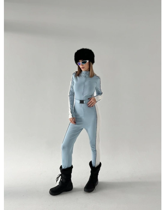 Kadın Kemer Detaylı Fermuarlı Tulum - Bebek Mavisi