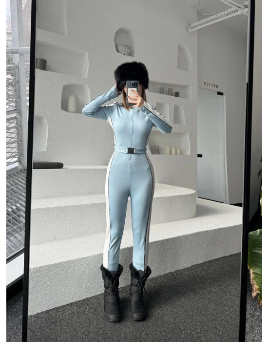 Kadın Kemer Detaylı Fermuarlı Tulum - Bebek Mavisi