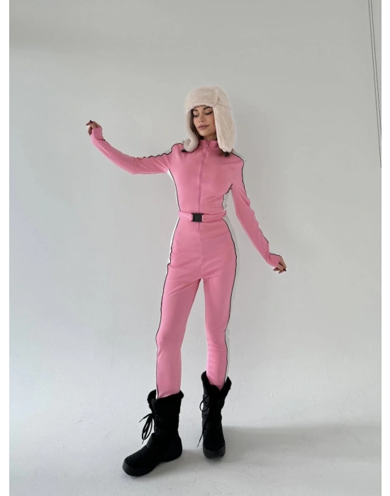 Kadın Kemer Detaylı Fermuarlı Tulum - Pembe