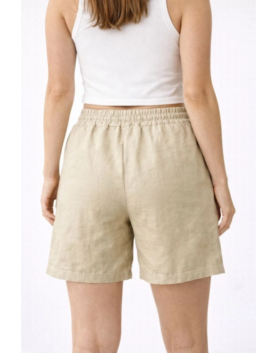 Kadın Keten Kumaş Cepli Rahat Kesim Bel Lastikli Şort - Bej