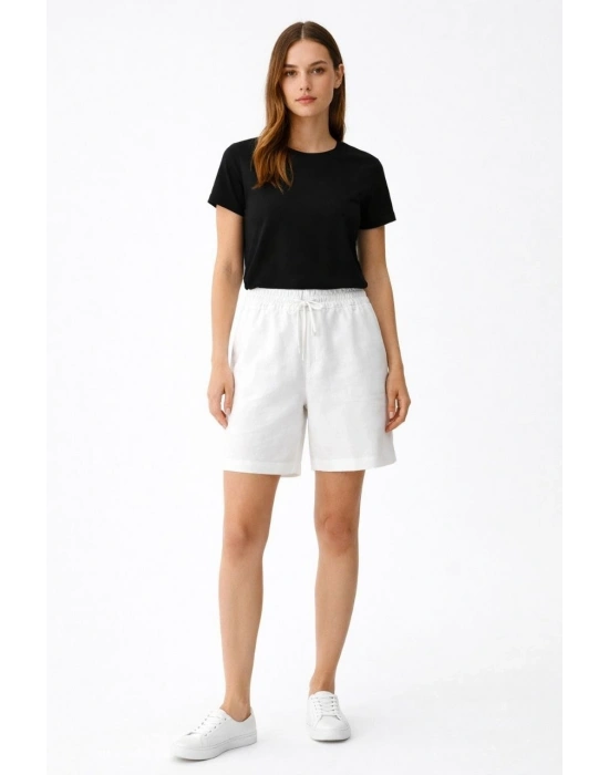 Kadın Keten Kumaş Cepli Rahat Kesim Bel Lastikli Şort - Beyaz
