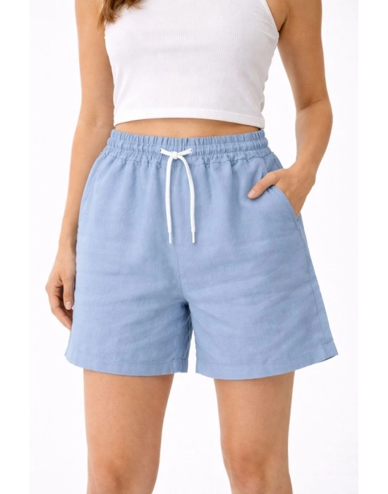 Kadın Keten Kumaş Cepli Rahat Kesim Bel Lastikli Şort - Mavi