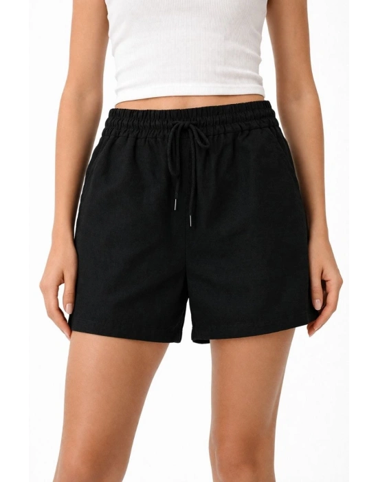 Kadın Keten Kumaş Cepli Rahat Kesim Bel Lastikli Şort - Siyah