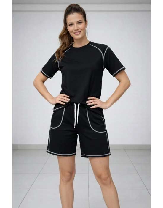 Kadın Kısa Kol Oversize Kalıp Tişört Şort ikili Takım Kontrast Dikişli - Siyah