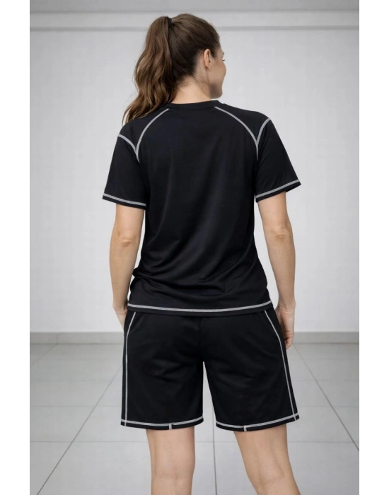 Kadın Kısa Kol Oversize Kalıp Tişört Şort ikili Takım Kontrast Dikişli - Siyah