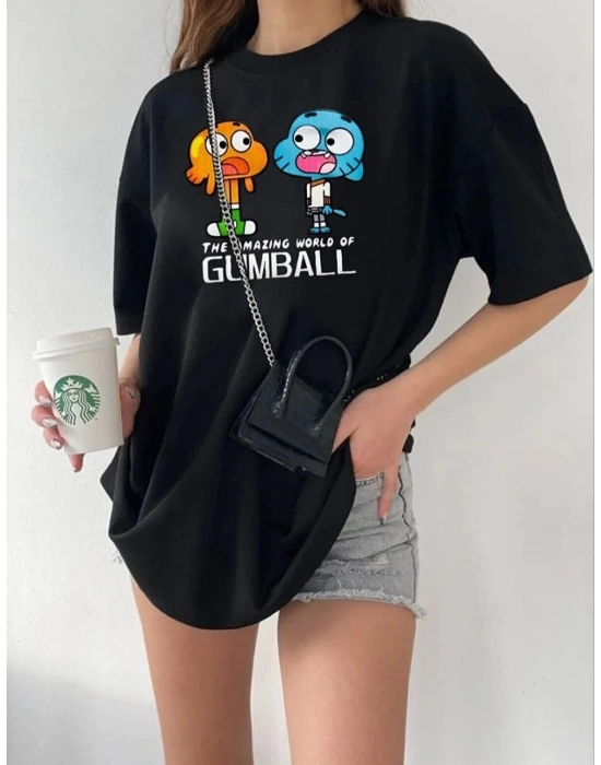 Kadın Kısa kol Tişört Bisiklet Yaka Baskılı Oversize T-Shirt - Siyah