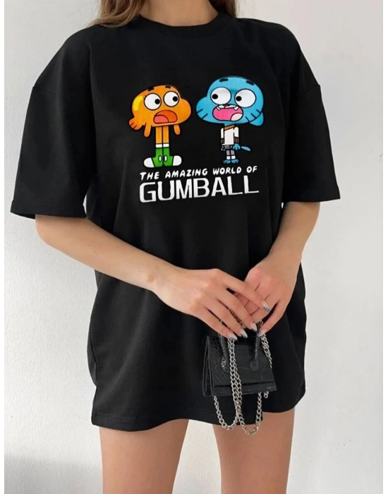 Kadın Kısa kol Tişört Bisiklet Yaka Baskılı Oversize T-Shirt - Siyah