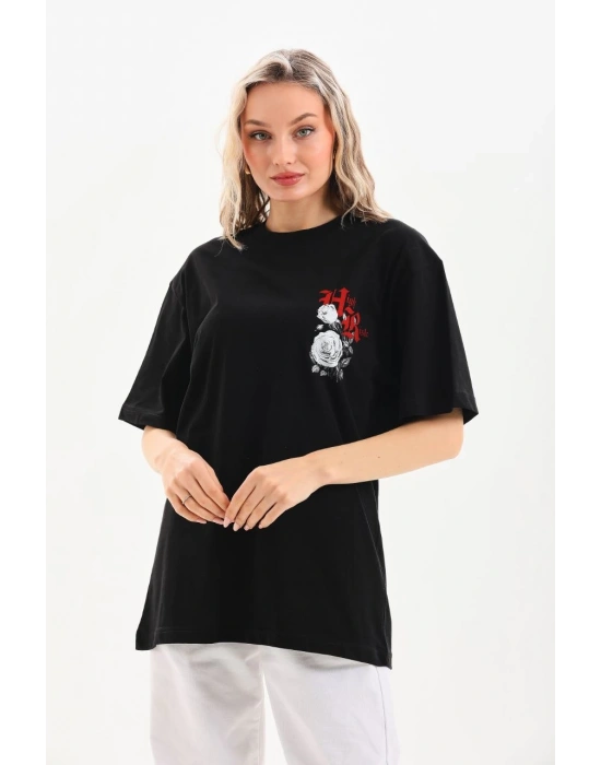 Kadın Kısa Kol Yazlık Tişört Bisiklet Yaka Baskılı Oversize T-Shirt - Siyah