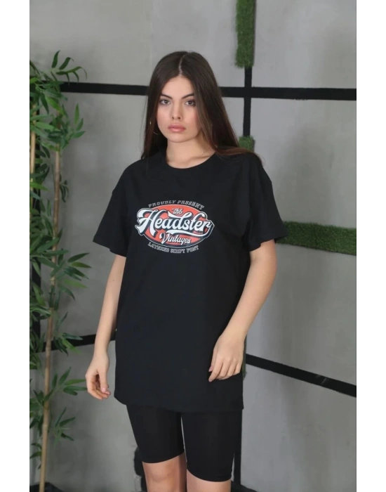 Kadın Kısa Kol Yazlık Tişört Bisiklet Yaka Baskılı Oversize T-Shirt - Siyah
