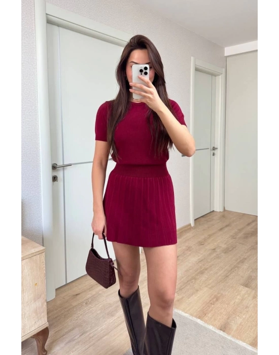 Kadın Kısa Kollu Bluz Mini Etekli ikili Takım Triko - Bordo