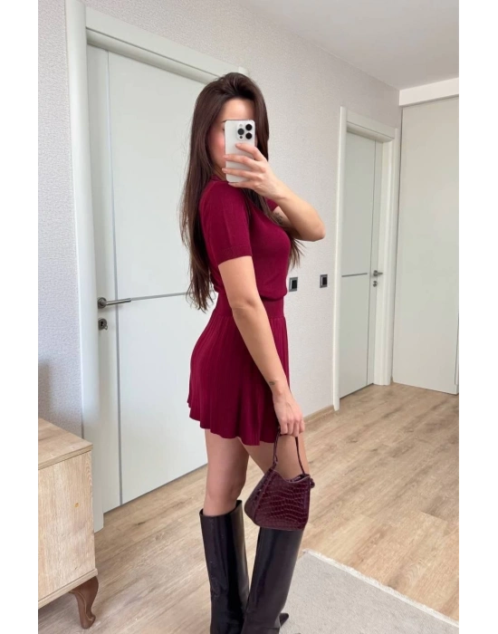 Kadın Kısa Kollu Bluz Mini Etekli ikili Takım Triko - Bordo