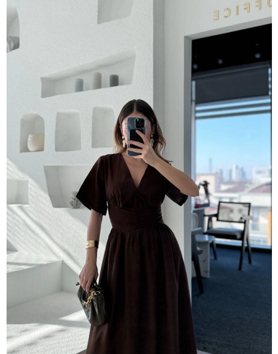 Kadın Kısa Kollu Uzun Elbise - Kahve