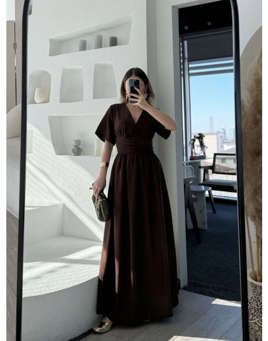 Kadın Kısa Kollu Uzun Elbise - Kahve