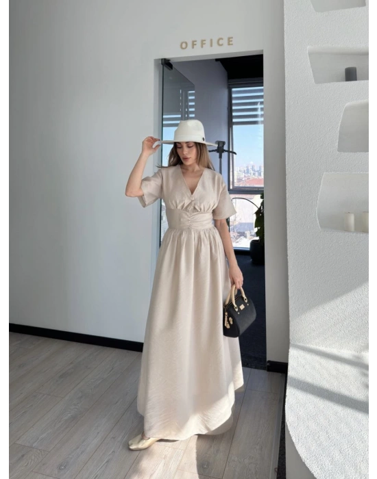 Kadın Kısa Kollu Uzun Elbise - Kırık Beyaz