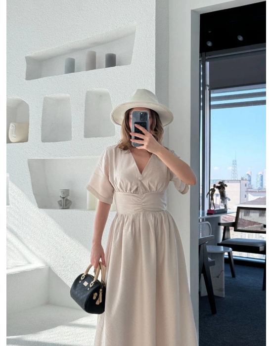 Kadın Kısa Kollu Uzun Elbise - Kırık Beyaz