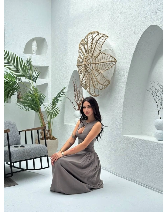 Kadın Kolsuz Uzun Kabardin Elbise - Gri