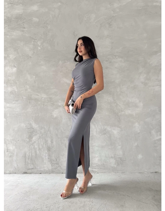 Kadın Kolsuz Yırtmaçlı Uzun maxı boy Elbise - Gri