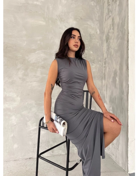 Kadın Kolsuz Yırtmaçlı Uzun maxı boy Elbise - Gri