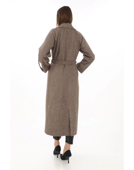 Kadın Kolu Apoletli Astarlı Kaşmir Kaşe Kaban - Vizon