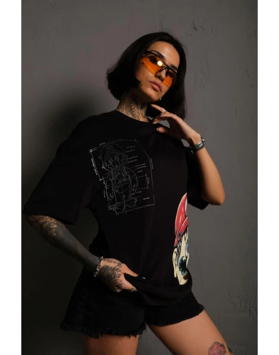 Kadın Mario Baskılı T-Shirt Oversize Kısa kol Bisiklet yaka tişort - Siyah