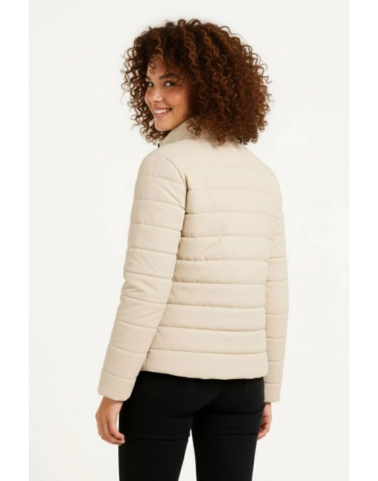 Kadın Mikro Su İtici Kapitone Baskılı Astarlı Fermuarlı Bomber Mont - Bej